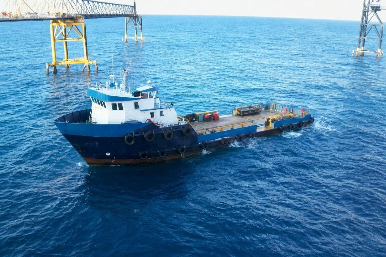 Buque abastecedor navegando en aguas abiertas cerca de plataformas marinas
